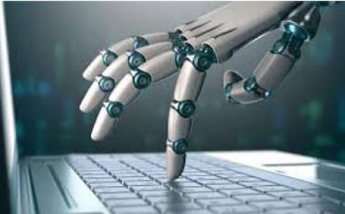 Artificial Intelligence hand reaching to type on a laptop